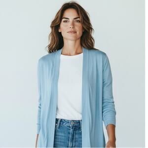 Talbots Cardigan Sweater Womens Medium Blue Open Front 3/4 Sleeve Lightweight